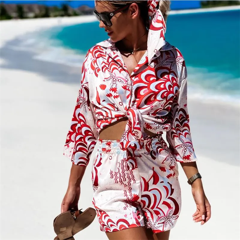 Hirigin 해변 스타일 새틴 세트 여성 패션 풍경 패턴 버튼 다운 셔츠 및 반바지 여름 캐주얼 세트 220602