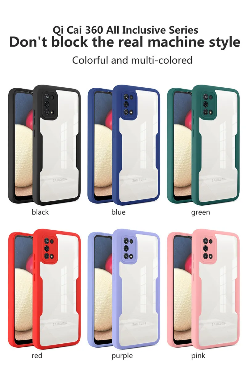 360 Full Protection Phone Cases voor Samsung A52 A72 A82 A32 5G A22 A12 A02 A21S Voorscherm Film + Transparante Acryl Back Cover