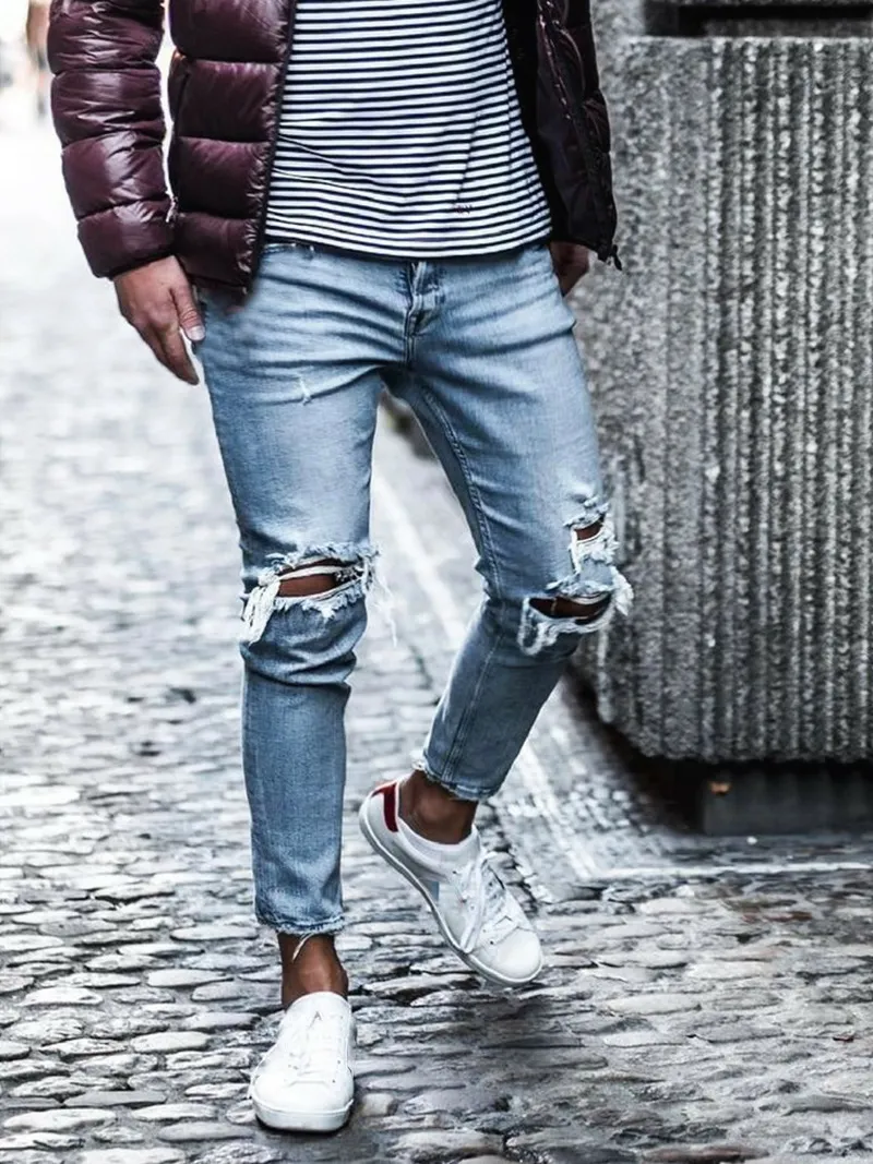 Streetwear Knie Gescheurde Skinny Jeans voor Mannen Hip Hop Mode Vernietigd Gat Broek Effen Kleur Mannelijke Stretch Denim Broek 220408