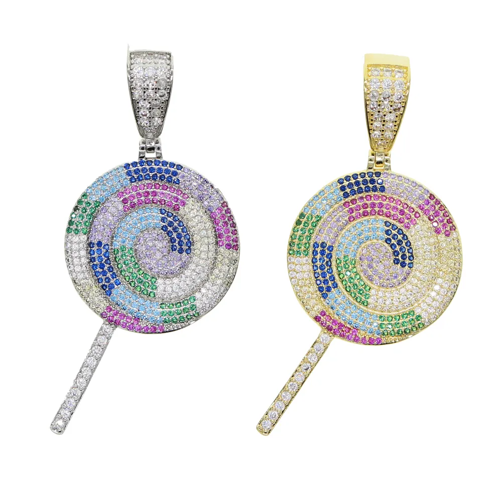 Hip Hop CZ Multi color Lollipop Iced Out Cubic Zircon Necklace Pendant For women Men Jewelry Charm cz Tennis Chain281D