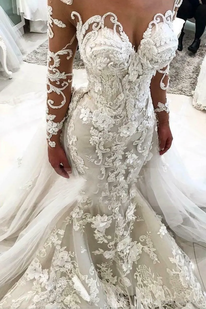 2022 Abiti da sposa alla sirena 3D vintage con maniche lunghe di lusso in treno staccabili