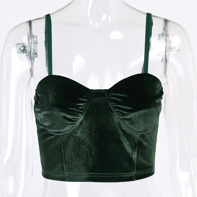 Allneon 90-talets mode Y2K-band Velvet Croped Tops Vintage Solid Backless Green Cami Top E-Girl Aesthetics Partywear 220519