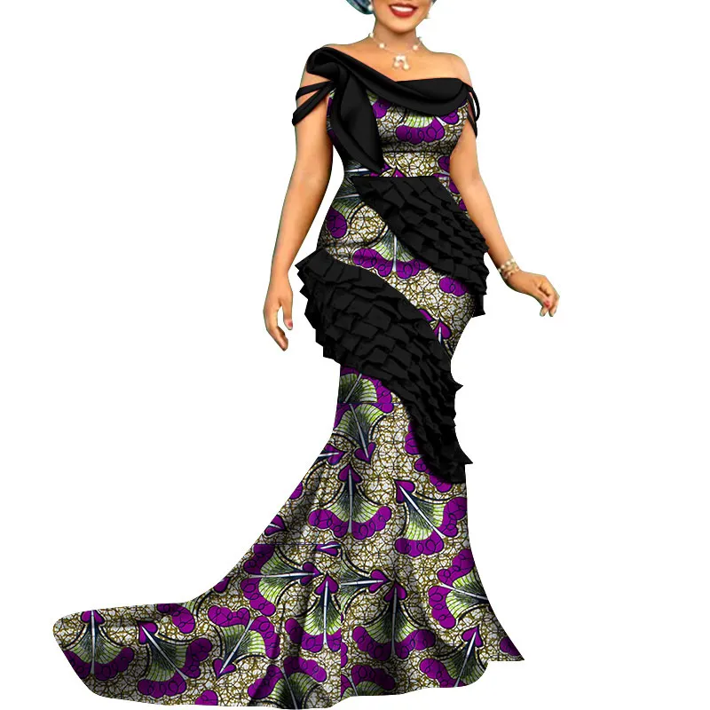 Bintarealwax Новые пользовательские африканские вечерние платья для женщин Bazin Dashiki длиной до пола африканский принт Хлопок женская русалка для вечеринка Party Wy8806