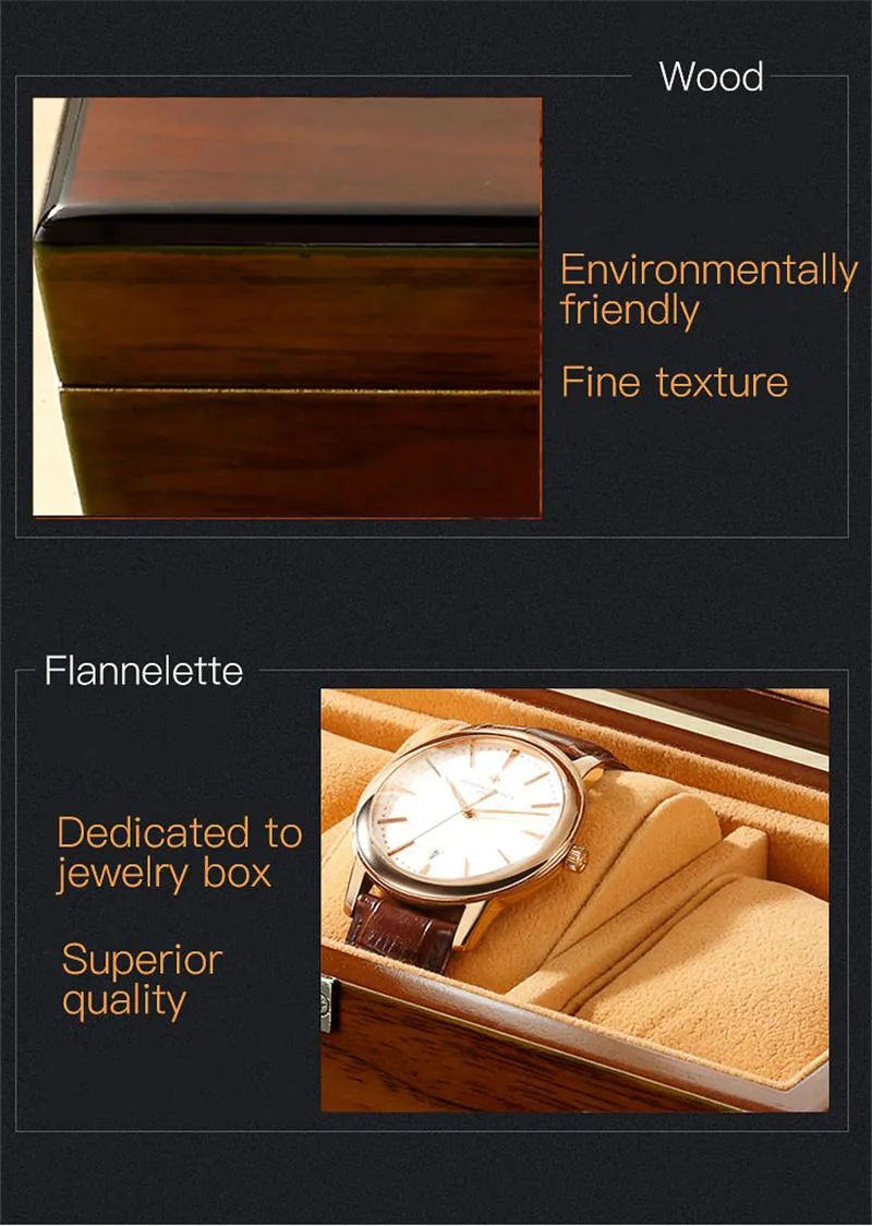 Obserwuj skrzynki luksus 6 gniazd drewniane pudełko drewniane drewniane trumny Grids Organizator biżuterii zegarki na wyświetlacz Uchwyt do przechowywania 192h
