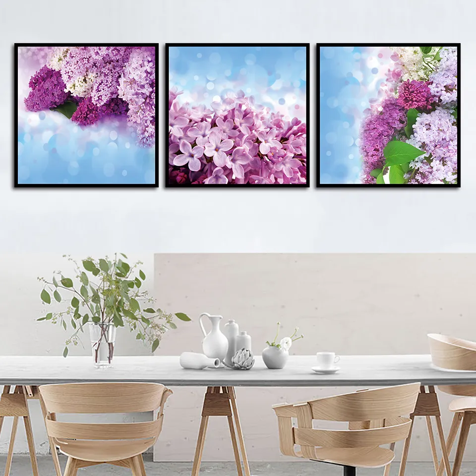Weelderige paarse roze bloemen 3p kit canvas schilderen moderne huizendecoratie woonkamer slaapkamer muur decor foto