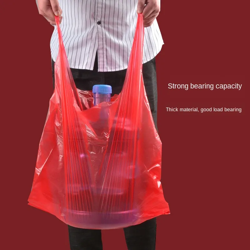 Red Plastic Supermarket Grocery Gift Shopping Thicken with Handle Vest Kitchen Storage Clean Garbage Bag