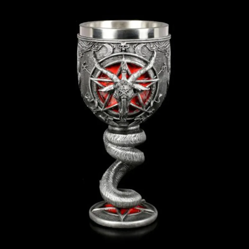Middle Ages Pentagram Horn Beer Mug Resin hand painted & polished stainless steel liner Cool Cup Gothic Kitchen Bar Decor 220727