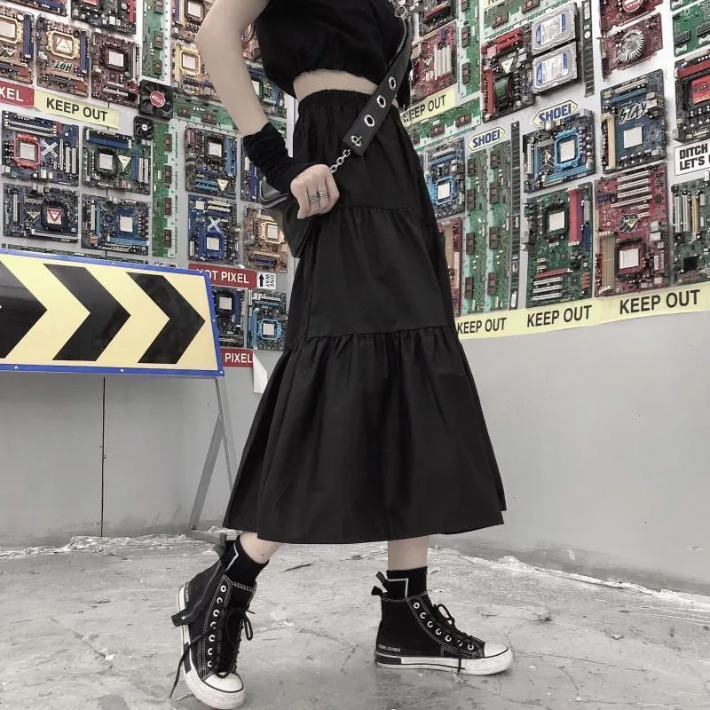 HOUZHOU Gonne lunghe gotiche Donna Goth nero Gonna midi patchwork a vita alta Estate stile giapponese Harajuku Punk Streetwear 220317