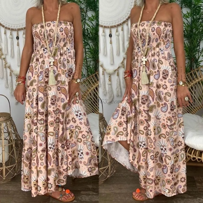 Été pour femmes sans bretelles Bandeau longue robe maxi imprimement floral plage boho tube de soleil robe sans manches sexy