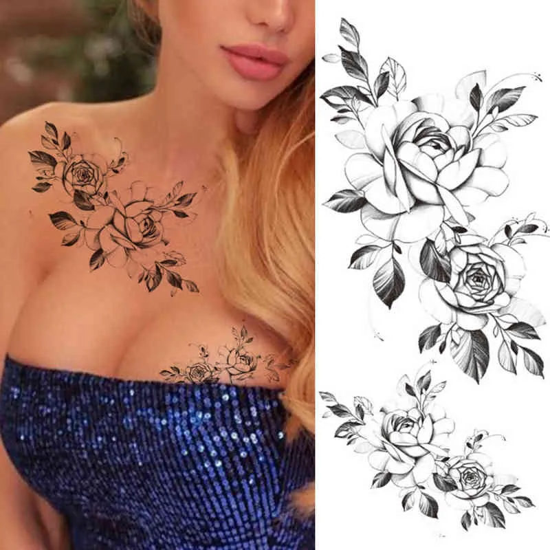 Nxy tatuagem temporária flor s para mulheres senhora menina falsa dália preto rosa peônia realista adesivos antebraço tatoo transferência 0330