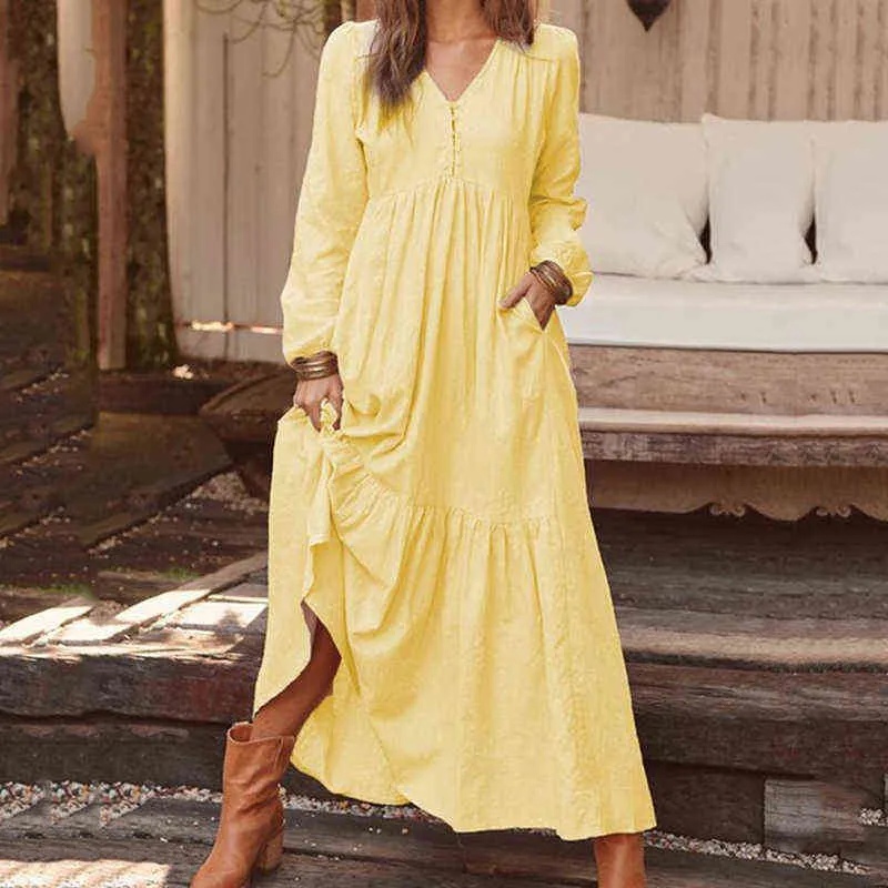 Bohemian Shirt Dress Women's Maxi Sundress Spring Elegancka Casual V Neck Ruflle Vestido Kobieta Tunika Long Sleeve G220510