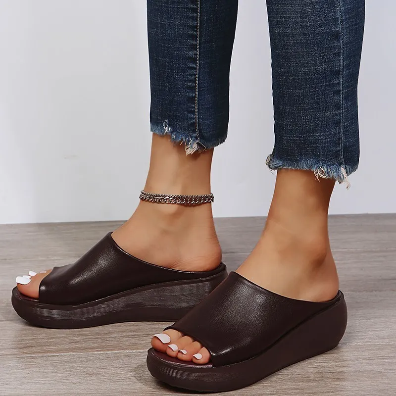 Zapatillas de suela de cuero para mujer de verano, zuecos sexis de tacón alto, plataforma negra con punta abierta, sandalias sin cordones Emal, zapatos 220608