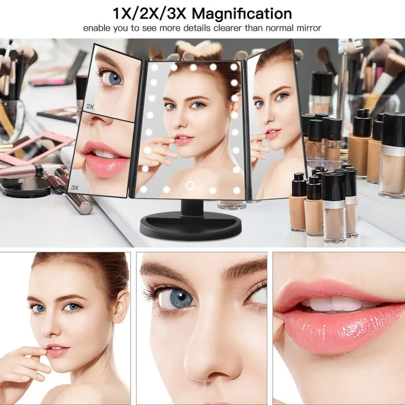 22 Светодиодное световое зеркало макияж 1x/2/x3x увеличительное косметическое 3 складное тщеславие 180 вращание прикосновение к прикосновению. ТАБЛИЦА 220509