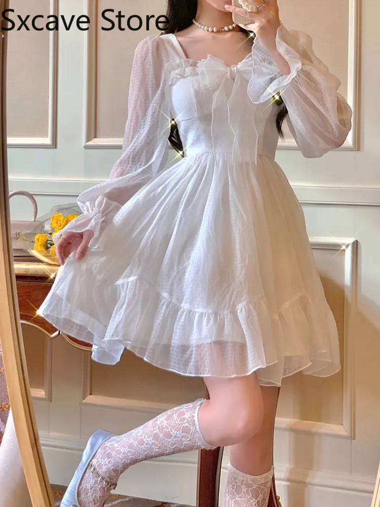 Français doux fée ita Dres à manches longues dentelle Y2k Mini robe Vintage Kawaii vêtements robe coréenne automne 220423