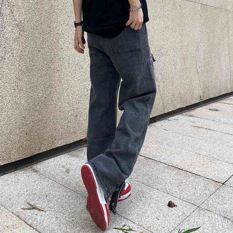 New Fashion Letter Embroidery Grey Straight Men Baggy Jeans Pants Ankle Button Loose Vintage Denim Trousers Y2K Hombre Vaqueros T220803