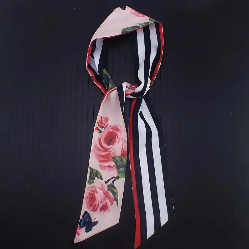 Écharpes 7cm 2022 Design Skinny Femmes Tie Rose Flower Imprimerie de la soie Sicure de mode Brand Mand Sac à main Small Long Scarvesscarves302S