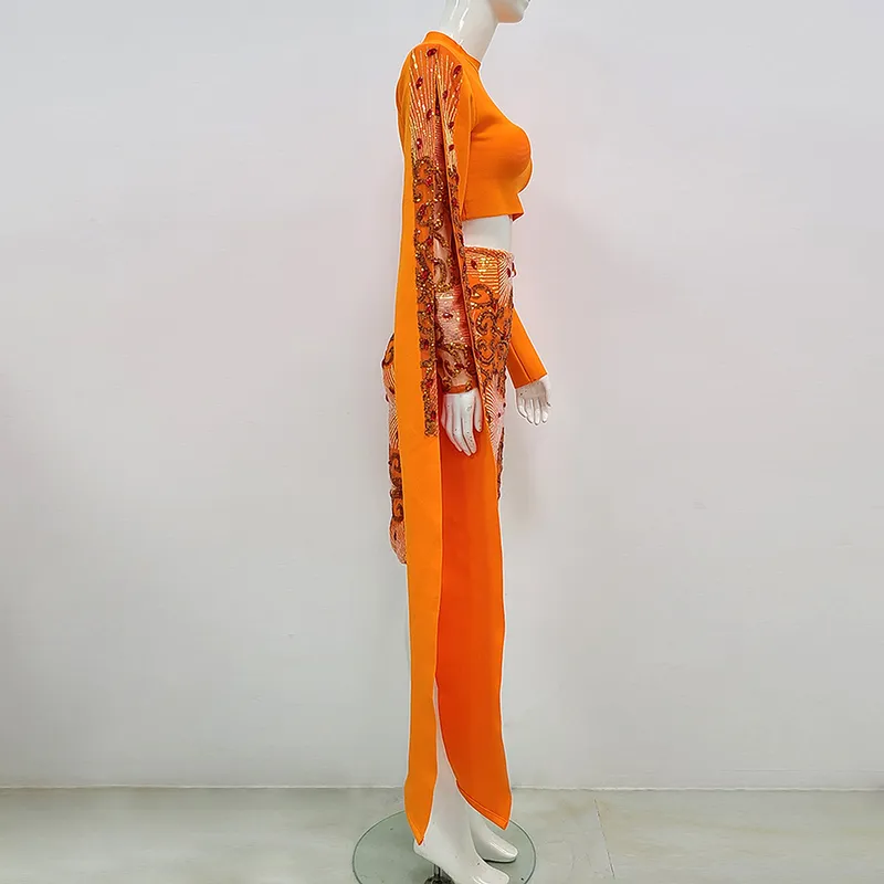 Ailigou Set da donna attillato sexy di design arancione in due pezzi di alta qualità elegante con paillettes di diamanti con perline lucide 220506
