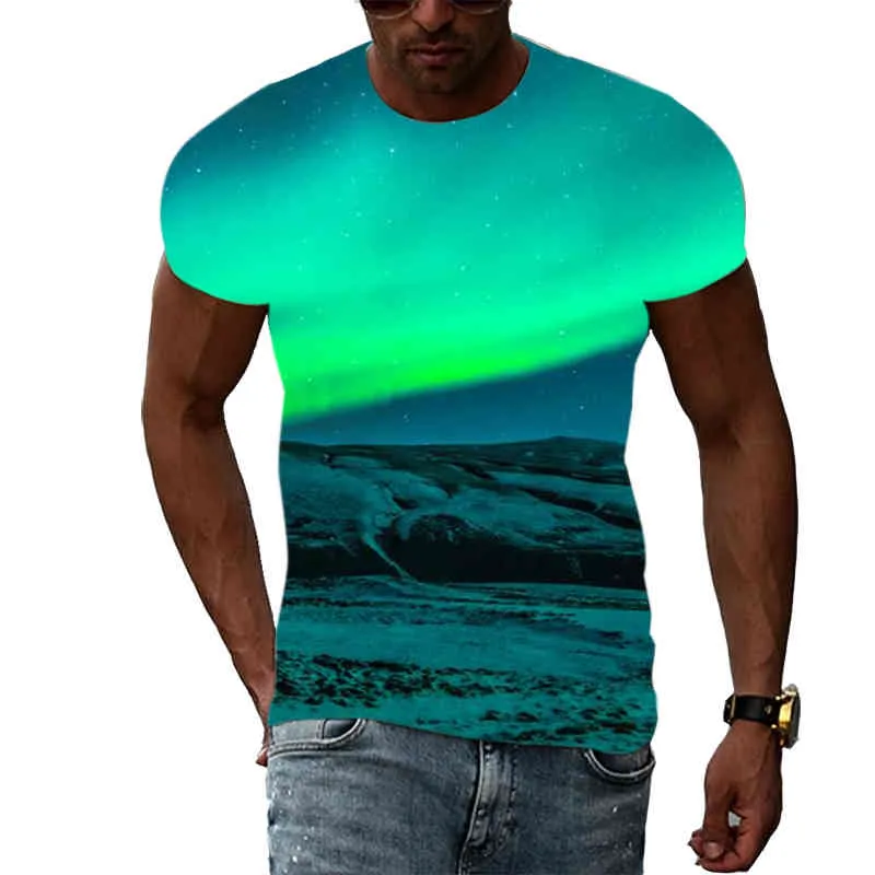Summer Trend Men Print Aurora Graphic t Shirts 3d Fashion Casual Personality Natural Landscape Pattern Short Sleeve T-shirts