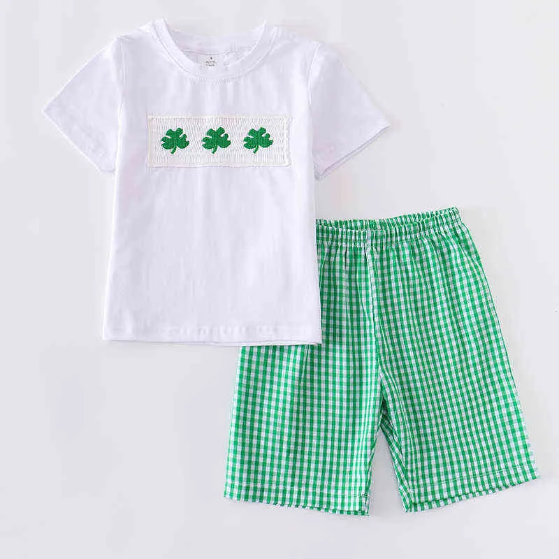 Girlymax St. Patrick's Day Sibling Plaid Clover Baby Girls Dress Boys Shorts Set Top Ruffles Romper Smocked Woven Kids Clothing AA220326