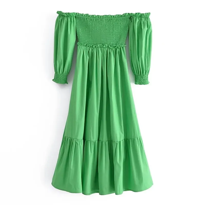 Foridol Off Shoulder Lantern Sleeve Green Solid Elegant Ladies Maxi Dress Summer Elastic A-line Dress Robe Drop Dress 220511