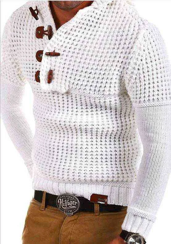 Men Long Sleeves Depression Shirt Sweater Slope Buckle Horn Buckle Hedging Solid Color Slim Sweater L220730