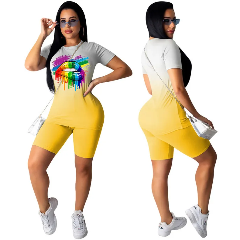 Brand mulheres lábios coloridos impressos manga curta camiseta alta cintura shorts verão tingimento de tingimento de tingimento de tingimento de impressão roupas de roupa 220616