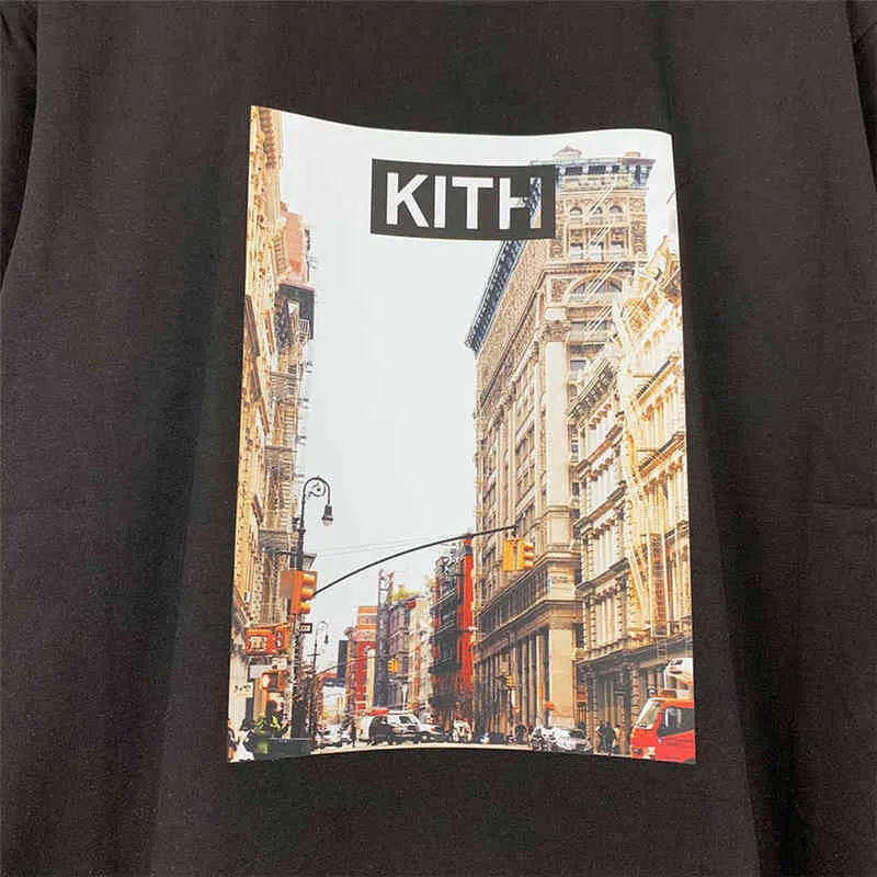 Camiseta KITH preta para homens e mulheres de alta qualidade com gráfico de área administrativa Kith T-shirt levemente oversize manga curta