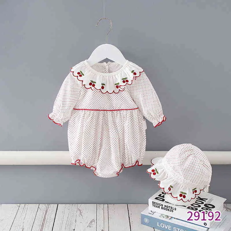 Spring Family Matching Sisterkläder Långärmar Dot Cherry Romper+Princess Baby Dress Twins Söta kläder kläder E9192