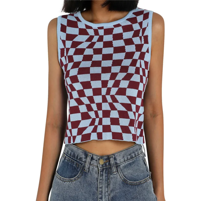 Women's Stretchy Crop Tops Trendy Irregular Plaid Print Sleeveless Crew Neck Ribbed Knitted T-Shirts Summer Retro Slim Tank Top