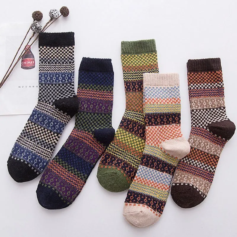 5 пара мужских винтажных этнических шерстяных теплых длинных носков проверено полосатая геометрическая ребристая вязать зима 220323