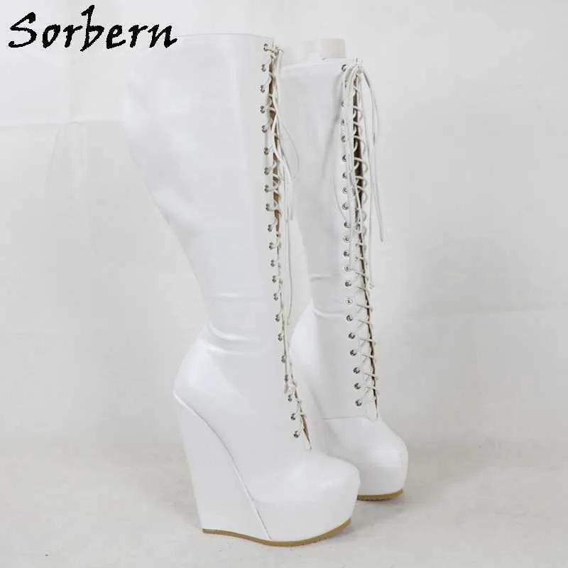 Sorbern smalle zool achterlaarzen knie hoge hak wiggen lace-up winter stijl dame schoenen platform onzichtbare alternatieve mode