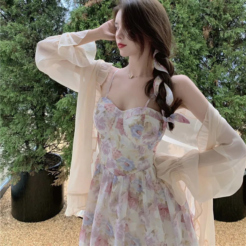 Summer Fairy Dress Floral Women A-Line High Waist Thin Sexy Mini Beach Dress Femme Robe Strap Dress Sundress 220520