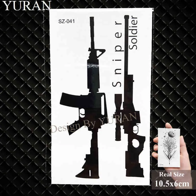 NXY Temporary Tattoo Yuran New Black Gun Men Fashoin Stickers Women Body Arm Ak Rifle Waterproof Tatoos Sniper Transferable 0330