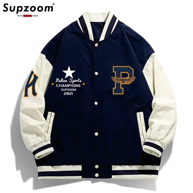 Supzoom ankomstbrev Rib Sleeve Top Fashion Single Breasted Casual Bomber Baseball Jacket Loose Cardigan Coats 220816