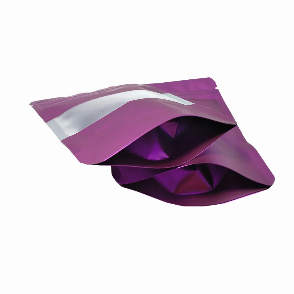 Purple Stand Up Aluminum Foil Frosted Transparent Window Bag Zip Lock Tear Notch Food Dried Fruit Candy Snack Tea