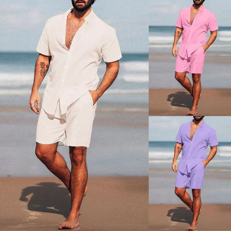 Men Hawaiian Sets Beach Summer Short Sleeve Stand Collar Shirt Board Shorts Streetwear Cotton Linen Men Set Casual