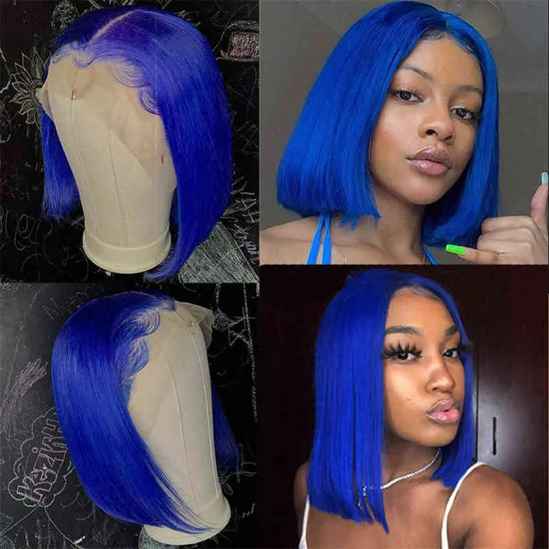 Hair Wigs azul bob brasileiro humano reto cortado curto com bebê 13x4 Lace Frontal 220722