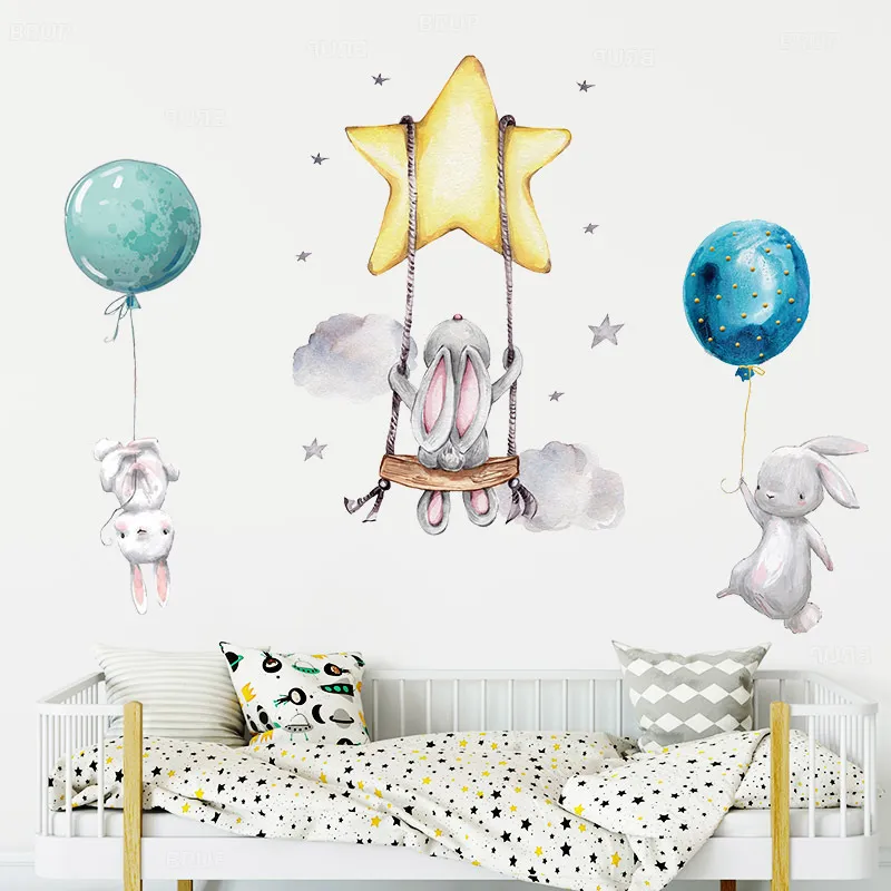 Hase Baby Kinderzimmer Wandaufkleber Cartoon Kaninchen Schaukel auf den Sternen Wandaufkleber für Kinderzimmer PVC abnehmbare Aufkleber PVC DIY 220727