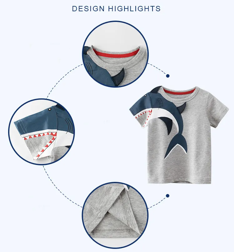 T-shirt estiva bambini Abbigliamento bambini Cotone Neonati maschi Casual 3D Shark Bambino Grigio Ragazzo ragazza 2-9 anni 220426