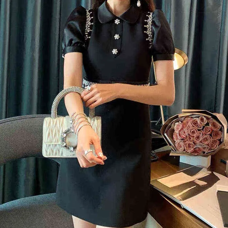 robe à manches courtes tempérament français noir industrie lourde incrusté de diamants lumière luxe jupe taille été nouveau style