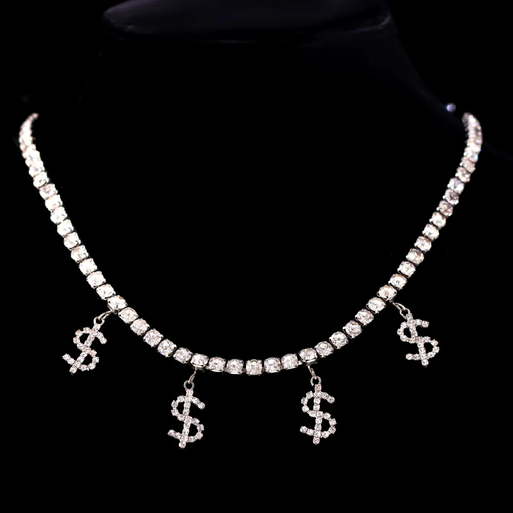 Hip Hop Iced Out Crystal Dollar Sign Pendant Necklace For Women Bling Rhinestone Tennis Chain Choker Halsband Fashion Jewelry