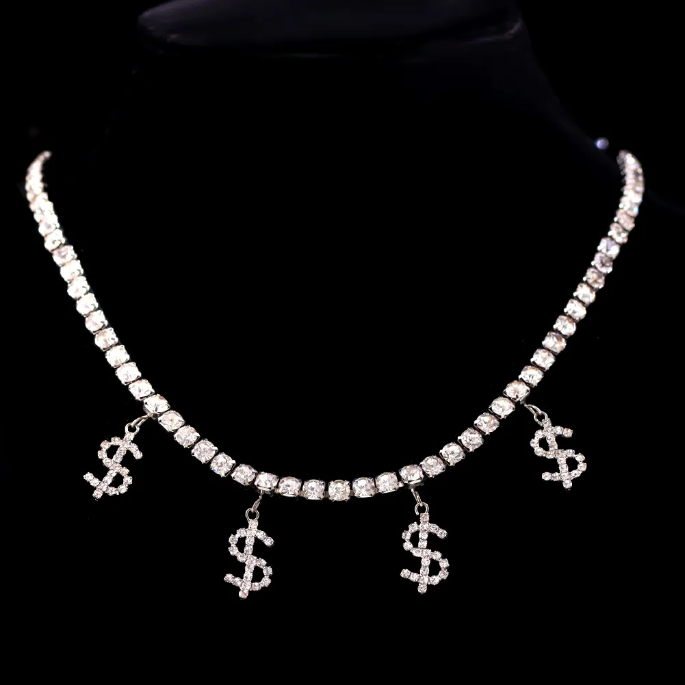 Hip Hop Icepado de Crystal Dollar Sign Colar Pingente para mulheres Bling Rhinestone Tennis Chain Chaker Colar Jewelry