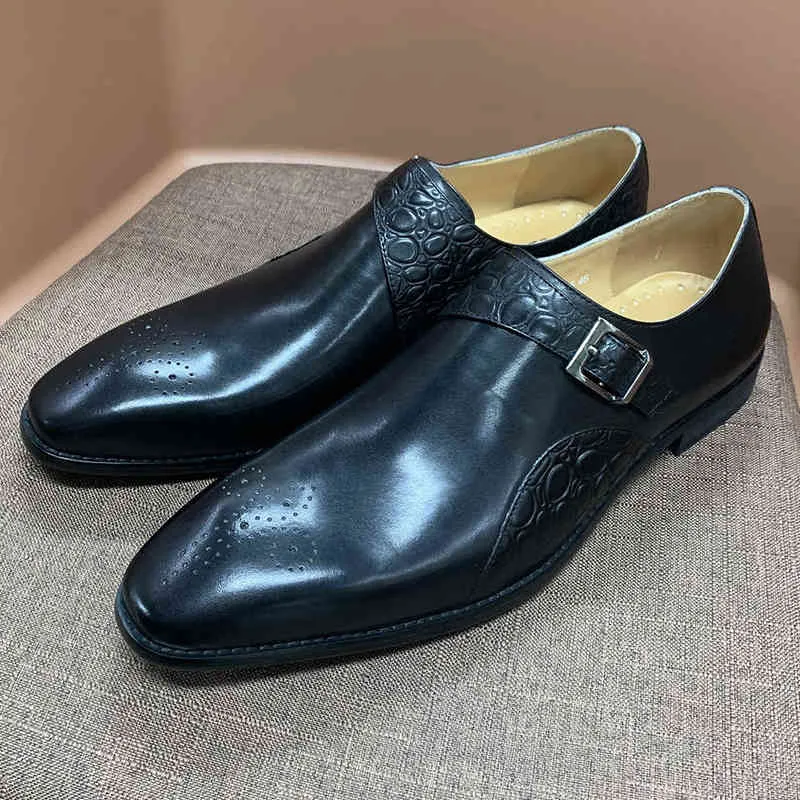 DRES Shoe Fashion Men Monk Strap Shoe Print Print أصلي بقرة جلدية مصنوعة يدويًا مكتب الزفاف الحافلة الرسمية للرجال 220723