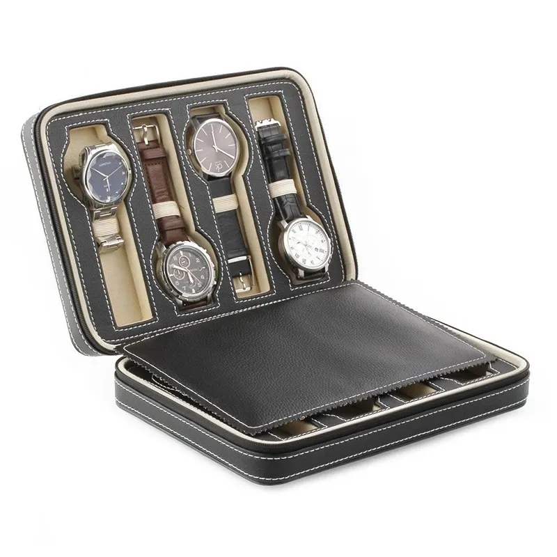 Black Faux Leather Watch Display Box Ed Case 2 4 8 сетки лоток на молнии