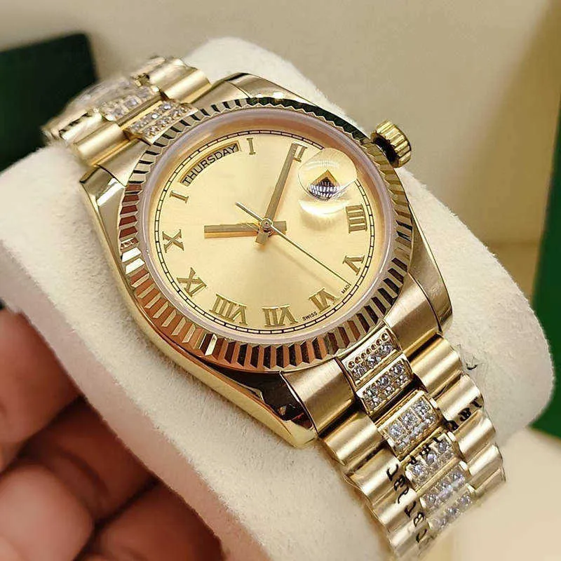 Män och kvinnor Automatisk rörelse Watch Week Date Dated Designer Roman AAA 36mm Strap Gold Diamond Rostfritt stål Fashioning Woment Watch2791