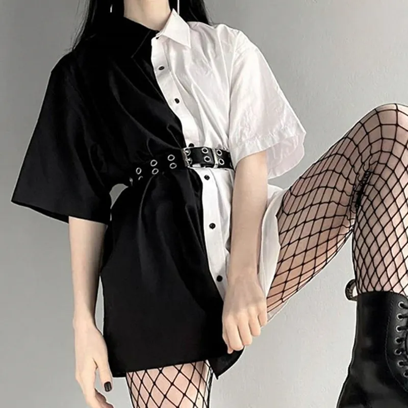 SUCHCUTE Mini abito da donna patchwork con bottoni allentati solidi streetwear gotico abiti a maniche corte abiti da festa Modis 220331