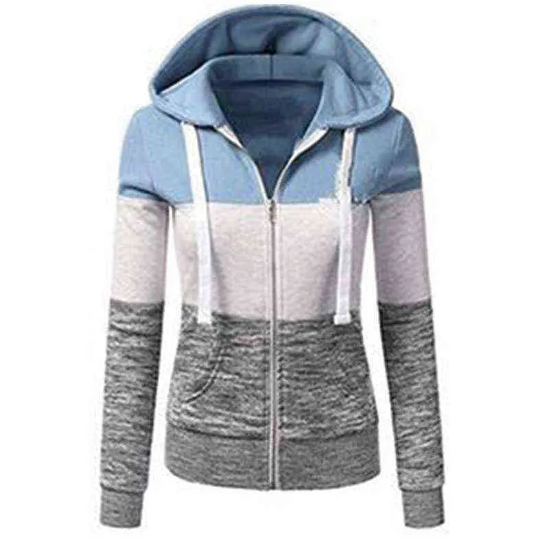 Casual Slim Tamaño grande Ropa Mujeres 5XL Coreano Zip Up Sudadera con capucha Manga larga Poleron Contraste Patchwork Canguro Bolsillo Sudadera L220706