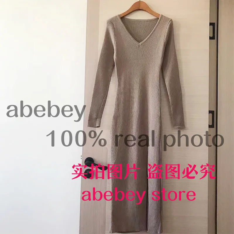 spring and winter sexy French slit sweater dress female slim tight-fitting hip-knit over-the-knee dresses 220316