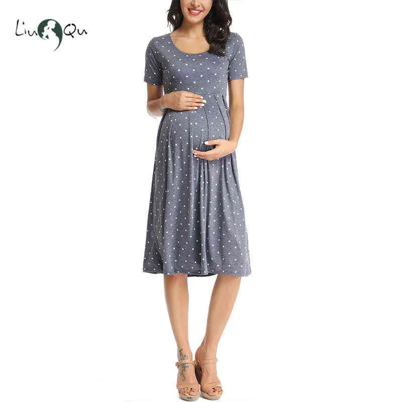 Kobiety letnia plisowana kropka luźna huśtawka swobodna sukienka midi macierzyńska sukienka ciążowa krótkie rękawowe kolano ubrania w ciąży G220309