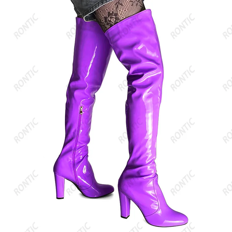 Rontic nouveauté femmes hiver entrejambe bottes en cuir verni talons épais bout rond jolies chaussures de Cosplay roses taille américaine 5-20
